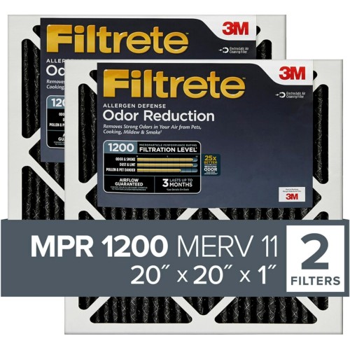 Filtrete 20x20x1 Air Filter, MPR 1200, MERV 11, Allergen Defense Odor Reduction 3-Month Pleated 1-Inch Air Filters, 2 Filters