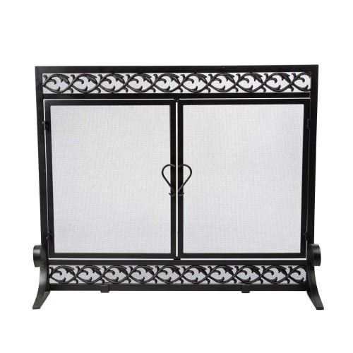 Large Cast Iron Scrollwork Fire Screen With Doors - Black