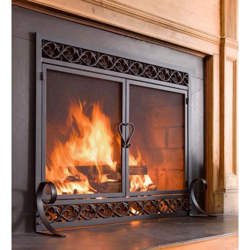 Large Cast Iron Scrollwork Fire Screen With Doors - Black