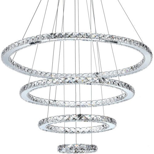 MEEROSEE Crystal Chandeliers Modern LED Ceiling Lights Fixtures Pendant Lighting Dining Room Chandelier Contemporary Adjustable Stainless Steel Cable 5 Rings DIY Design "+27.6"+23.6"+19.7"+11.8"