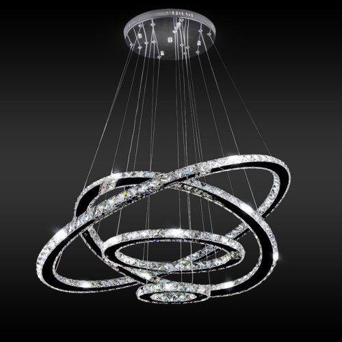 MEEROSEE Crystal Chandeliers Modern LED Ceiling Lights Fixtures Pendant Lighting Dining Room Chandelier Contemporary Adjustable Stainless Steel Cable 5 Rings DIY Design "+27.6"+23.6"+19.7"+11.8"