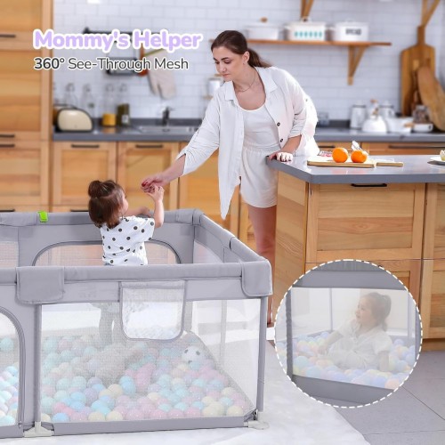 Dripex Baby Playpen, 71"x47" Large Play Pens for Babies and Toddlers, Safe Anti-Fall Play Yard, Visible Baby Play Pen with Gate, Baby Fence Play Area with Pull-up Ring, Washable Baby Play Yards, Grey