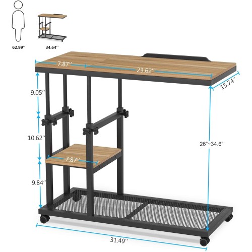 Tribesigns Height Adjustable C Table with Wheels, Mobile Couch Snack Side Table with Tiltable Drawing Board, Sofa Bedside Laptop Stand C Shaped TV Tray with Storage Shelves (Black+Oak)