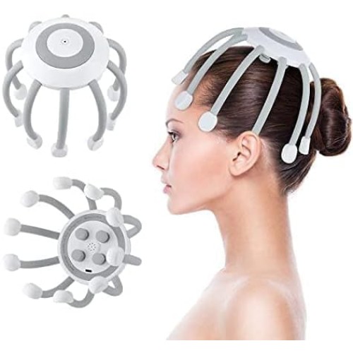 RELEMTRA Electric Head Scalp Massager with 8 Vibration Contacts, Octopus Claw Hands Free Rechargeable Stress Relief Therapeutic Scratcher Relief Hair Stimulation Wireless Portable Vibration Machine