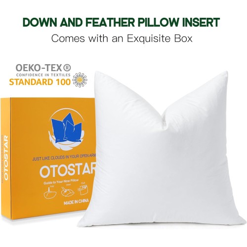 OTOSTAR Pack of 1 Down and Feather Throw Pillow Inserts, 20 x 20 Soft Fluffy Square Pillow Inserts with 100% Cotton Cover Decorative Pillows for Sofa Couch Bed-White