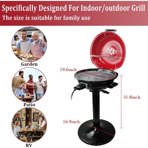 Electric BBQ Grill Techwood 15-Serving Indoor/Outdoor Electric Grill for Indoor & Outdoor Use, Double Layer Design, Portable Removable Stand Grill, 1600W (Stand Red BBQ Grills)