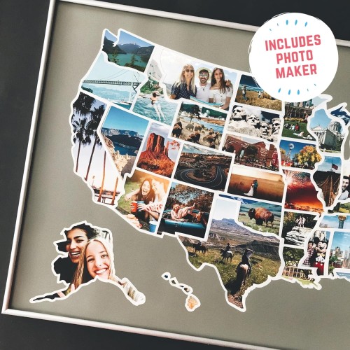 USA Photo Map - 50 States Travel Map - 24 x 36 in - Printed on Flexible Vinyl and Rewritable - Includes Secure Photo Maker - Unframed - Gray