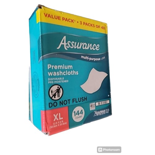 Assurance Premium Disposable Washcloths Pre-Moistened Body Wipes, XL, 144 Count