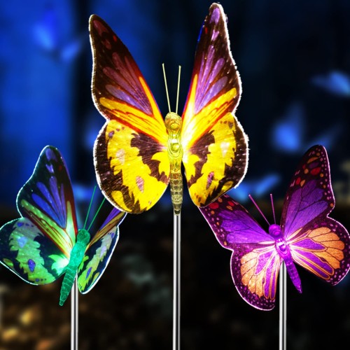 Outdoor Solar Garden Lights 3 Pack Butterfly 7-Color Changing LED Waterproof Landscape Lamps Decorative for Yard Courtyard House