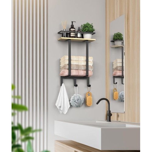 Luxspire Towel Racks Wall Mounted for Bathroom, Towel Holder Wall Mounted with Wooden Floating Shelf & 3 Metal Hooks, Rolled Bath Towel and Hand Towel Rack for Bathroom, Black + Wooden