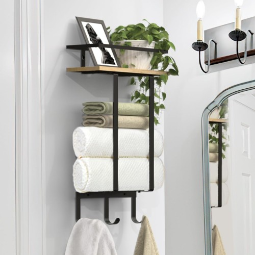 Luxspire Towel Racks Wall Mounted for Bathroom, Towel Holder Wall Mounted with Wooden Floating Shelf & 3 Metal Hooks, Rolled Bath Towel and Hand Towel Rack for Bathroom, Black + Wooden