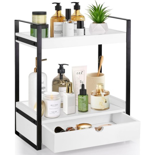 2-Tier Bathroom Organizer Countertop with Drawer, Wood Counter Shelf for Bathroom Storage