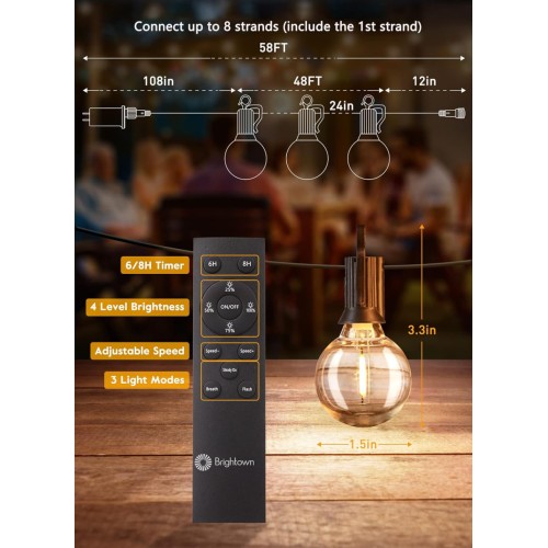 Brightown Outdoor String Lights with Remote, 58 Ft Globe Patio Lights with 25 LED G40 Shatterproof Bulbs, 4 Lighting Modes, Waterproof Connectable Commercial Hanging Lights for Outside Backyard