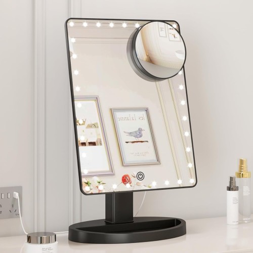 FUNTOUCH Large Lighted Vanity Makeup Mirror (X-Large Model), Light Up Mirror with 35 LED Lights, Touch Screen and 10X Magnification Mirror, 360° Rotation Tabletop Cosmetic Mirror (Black)