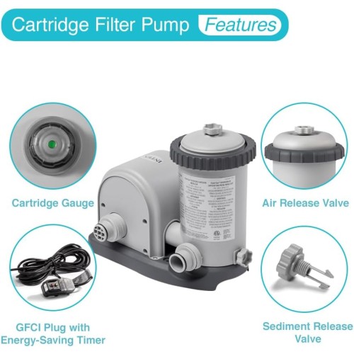 Intex 28635EG 1500 GPH Krystal Clear Cartridge Filter Pump System with 1,180 GPH Flow Rate, 110-120V GFCI, and Automatic Timer for Above Ground Pools