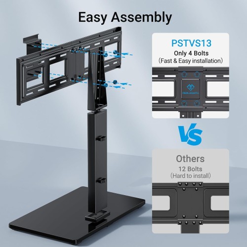 PERLESMITH Universal Swivel TV Stand Base, Table Top TV Stand for 37 to 65,70,75 inch LCD LED TVs, Height Adjustable TV Mount Stand with Tempered Glass Base, VESA 600x400mm, Holds up to 99lbs, PSTVS13