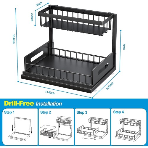 Under Sink Organizer, 2-Tier Under Kitchen Bathroom Sink Organizers and Storage No Drilling Rustproof Stainless Steel Pull Out Shelf for Kitchen Bathroom