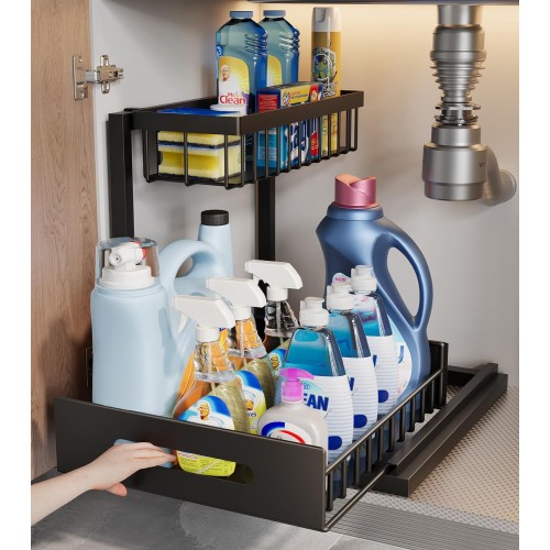 Under Sink Organizer, 2-Tier Under Kitchen Bathroom Sink Organizers and Storage No Drilling Rustproof Stainless Steel Pull Out Shelf for Kitchen Bathroom