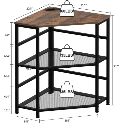 VEDECASA Corner Printer Stand Table with Power Outlet Charging Plugs USB Port Adjustable Storage Shelf Computer Tower CPU Stand Holder for Home Office (Brown)