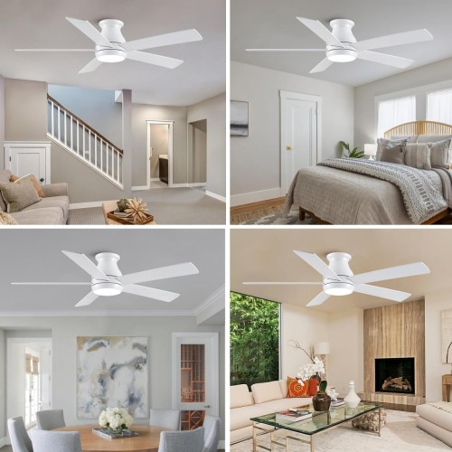 52 Inch Low Profile Ceiling Fans with Lights and Remote, LED Flush Mount White Ceiling Fan with Quiet DC Motor, Dimmable 6 Speeds Reversible Modern Ceiling Fan for Bedroom, Living Room