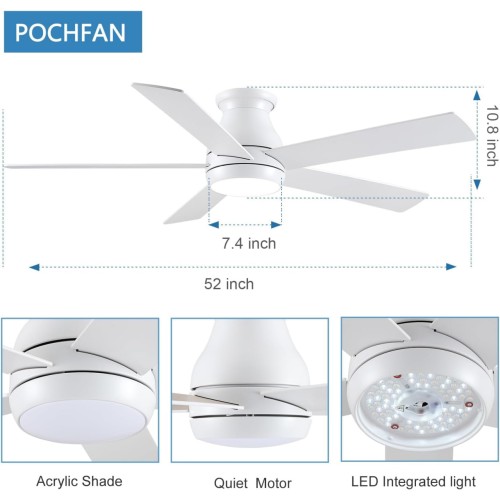 52 Inch Low Profile Ceiling Fans with Lights and Remote, LED Flush Mount White Ceiling Fan with Quiet DC Motor, Dimmable 6 Speeds Reversible Modern Ceiling Fan for Bedroom, Living Room