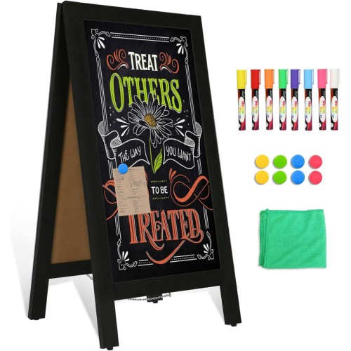 4 THOUGHT A-Frame Chalkboard 40" x 20", Chalk Board Sign Board Magnetic Sandwich Board Solid Pine Wood Freestanding Double-Sided Chalkboard Easel for Restaurant Cafe Shop Wedding Party, Black Visit the 4 THOUGHT Store