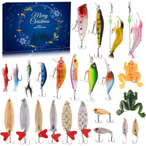 Advent Calendar Fishing Christmas Countdown - 24 Days Fishing Lures Set for Fisher Adult Men Teen Boys - 2024 Xmas Surprise Gift