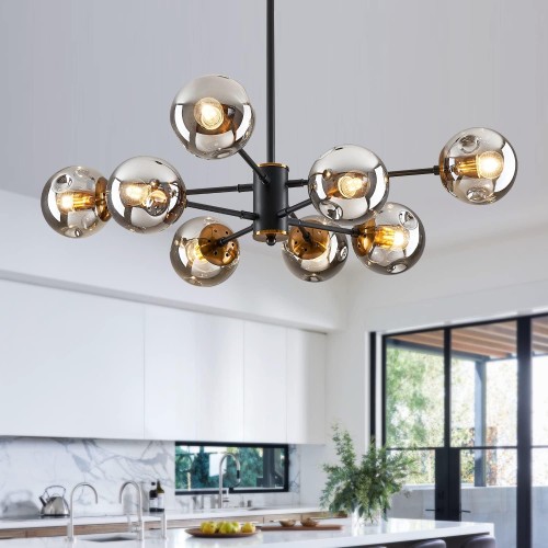 DDLLDESHI 8-Light Sputnik Black Chandelier with Globe Glass Black and Gold Pendant Lights Bubble Light Chandeliers for Dining Room Farmhouse Kitchen Living Room Bedroom Office