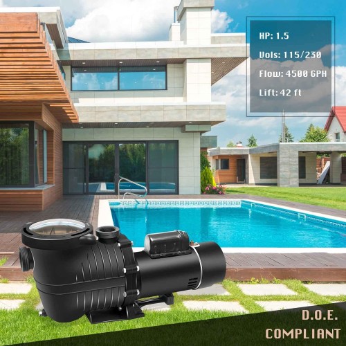 DoE-Compliant PureBy Dual Voltage 115/230v Pool Motor Pump with 1.25" & 1.5" NPT Unions (1.5HP)