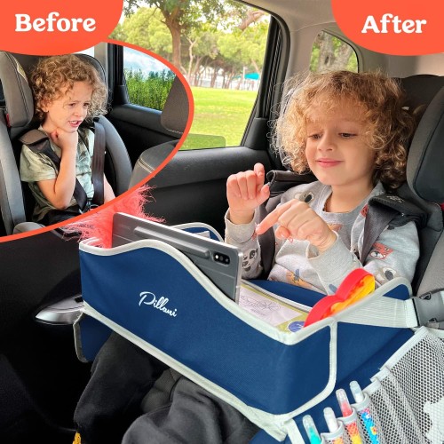 PILLANI Kids Travel Tray for Car - Car Seat Tray for Kids Travel, Car Trays for Kids Roadtrip Essentials, Carseat Table Tray for Kids Road Trip Activities - Toddler Lap Desk Organizer for Airplane