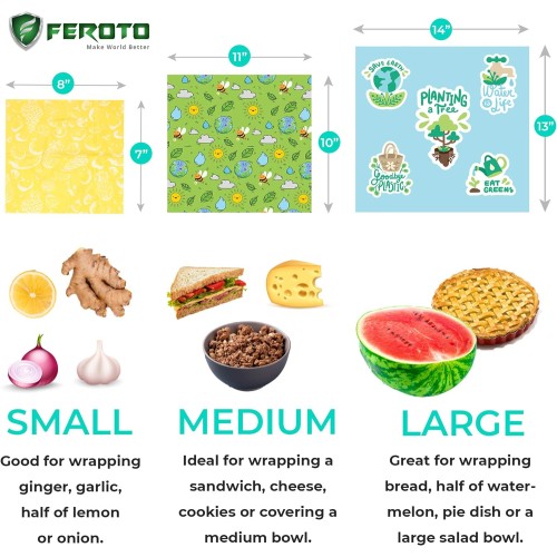 FEROTO Beeswax Food Wraps Eco -Friendly 7 Pack with 3 Reusable Food Wraps Original Print (S, M, L), 3 Storage Mesh Cotton Bags, 1 Paper Shopping Bag – Zero Waste, Biodegradable Food Storage Wrap Set