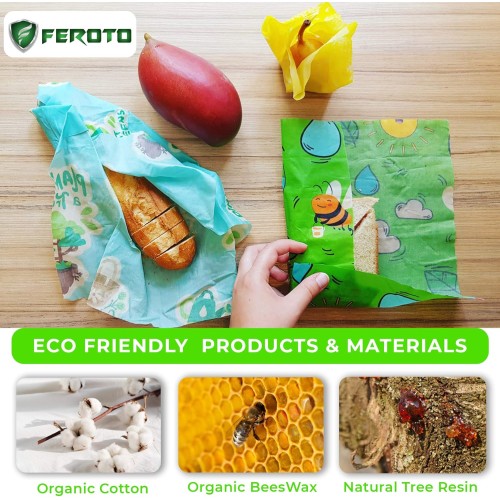 FEROTO Beeswax Food Wraps Eco -Friendly 7 Pack with 3 Reusable Food Wraps Original Print (S, M, L), 3 Storage Mesh Cotton Bags, 1 Paper Shopping Bag – Zero Waste, Biodegradable Food Storage Wrap Set