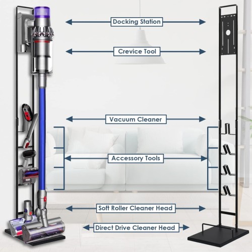 Vacuum Stand for Dyson V6, V7, V8, V10, V11, V12, V15 Cordless Cleaners - Heavy Base Metal Bracket Holder with Trigger Lock, On/Off Control Clamp, Accessory & Attachment Storage