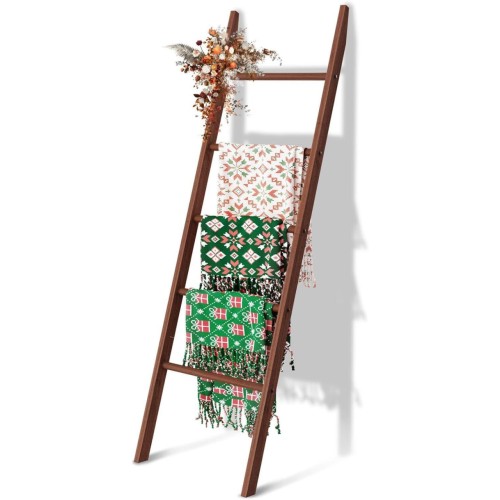 5-Tier Blanket Ladder Wooden, 5.3FT(63'') Quilt Towel 5-Tier, Brown