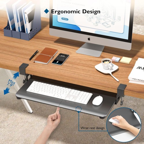 BONTEC Keyboard Tray Under Desk, Pull Out Keyboard & Mouse Tray with C-clamp, 25.6 Excluding Clamps (30 Including Clamps) x 11.8 Inch Steady Slide-Out Computer Drawer for Typing, Black