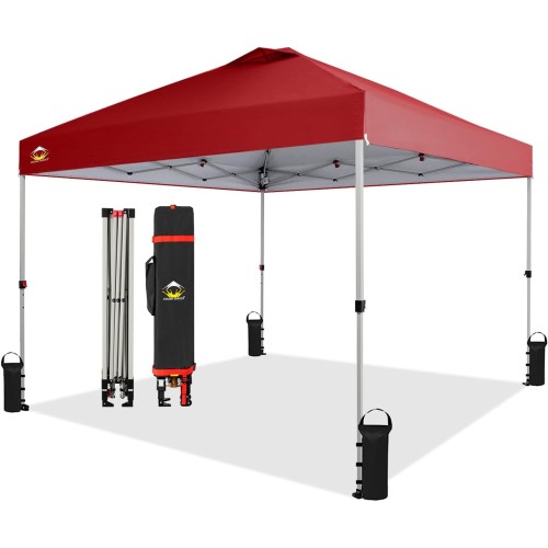 CROWN SHADES 10x10 Pop Up Canopy, Patented Center Lock One Push Tent Canopy, Newly Designed Storage Bag, 8 Stakes, 4 Ropes, Red