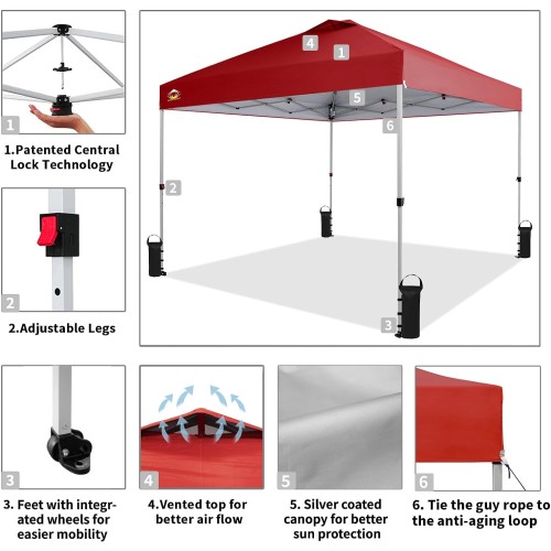 CROWN SHADES 10x10 Pop Up Canopy, Patented Center Lock One Push Tent Canopy, Newly Designed Storage Bag, 8 Stakes, 4 Ropes, Red