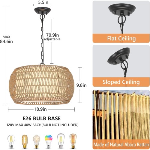 Rattan Farmhouse Chandelier Light Fixtures, 5-Lights Boho Large Pendant Light,Hand Woven Chandeliers for Dining Room with Fabric Shade,Rustic Chandeliers Hanging Light Fixtures for Kitchen Island