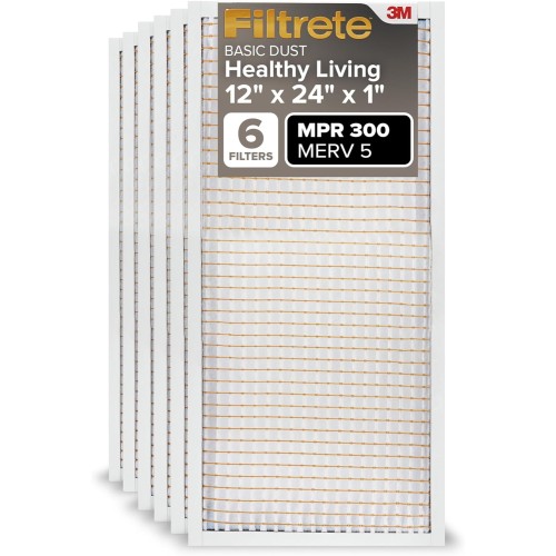 Filtrete 12x24x1 AC Furnace Air Filter, MERV 5, MPR 300, Capture Unwanted Particles, 3-Month Pleated 1-Inch Electrostatic Air Cleaning Filter, 6-Pack (Actual Size11.69x23.69x0.81 in)