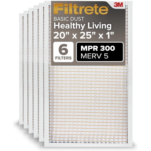 Filtrete 20x25x1 AC Furnace Air Filter, MERV 5, MPR 300, Capture Unwanted Particles, 3-Month Pleated 1-Inch Electrostatic Air Cleaning Filter, 6-Pack (Actual Size19.69x24.69x0.81 in)