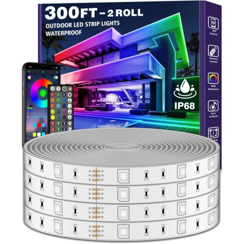 300ft Outdoor LED Strip Lights Waterproof With self-adhesive back,IP68 Outside Led Lights Strips Waterproof with Bluetooth App Remote,Music Sync RGB Exterior Led Rope Lights for Balcony,Deck,Roof,Pool