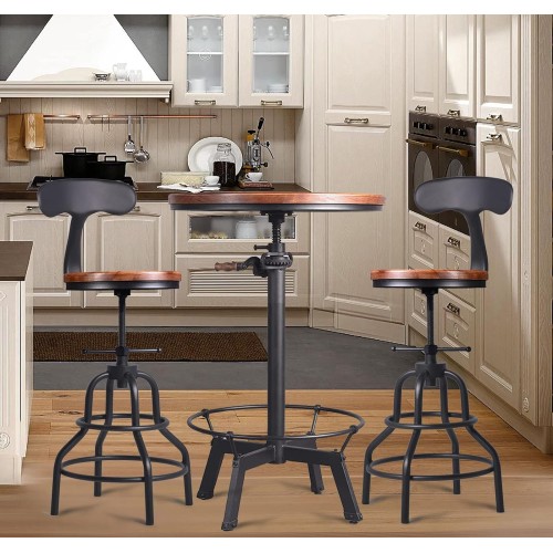 LOKKHAN 33.5-39.4 Inch Tall Industrial Bar Table-Adjustable Bar Height Bistro Whiskey Pub Table-23.7" Dia Swivel Round Wood Top Metal Base-Easily Adjusts by Crank Handle