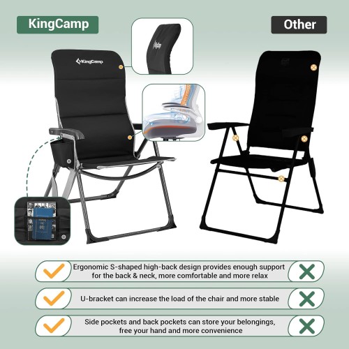 KingCamp Reclining Camping Folding Chair, Padded Lumbar Support Heavy Duty High Back Adults Chairs with Carry Strap Pocket for Garden Lawn Patio Outdoor Camp Black