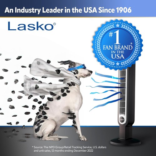 Lasko Oscillating Tower Fan, Quiet Fans with Remote, for Bedroom, Living Room, Office, Tower Fan with Remote, 3-Speed Timer, 42”, Silver T42951