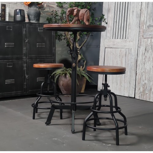 LOKKHAN 33.5-39.4 Inch Tall Industrial Bar Table-Adjustable Bar Height Bistro Whiskey Pub Table-23.7" Dia Swivel Round Wood Top Metal Base-Easily Adjusts by Crank Handle