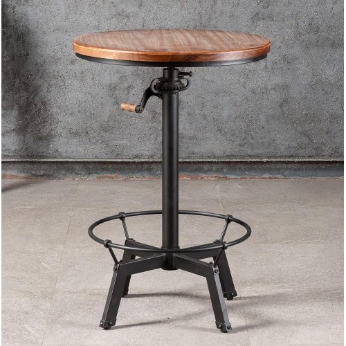 LOKKHAN 33.5-39.4 Inch Tall Industrial Bar Table-Adjustable Bar Height Bistro Whiskey Pub Table-23.7" Dia Swivel Round Wood Top Metal Base-Easily Adjusts by Crank Handle