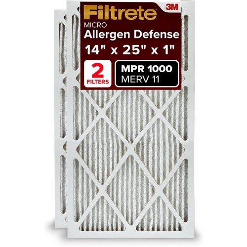 Filtrete 14x25x1 AC Furnace Air Filter, MERV 11, MPR 1000, Micro Allergen Defense, 3-Month Pleated 1-Inch Electrostatic Air Cleaning Filter, 2 Pack (Actual Size 13.781 x 24.781 x 0.84 in)