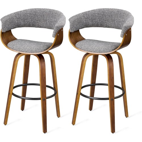 glitzhome Swivel Barstools Set of 2-29.5''Seat Height Bar Chairs Fabric Upholstered and Walnut Wood Frame Bar Height Stools for Home Bar Furniture, Grey-2 Pack