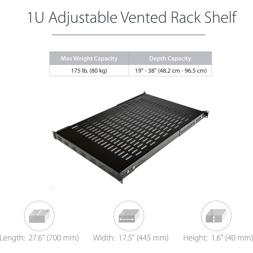 StarTech.com 1U Adjustable Vented Server Rack Mount Shelf - 175lbs - 19.5 to 38in Adjustable Mounting Depth Universal Tray for 19" AV/ Network Equipment Rack - 27.5in Deep (ADJSHELF), Black, 1.6"x17.5"x38.3"