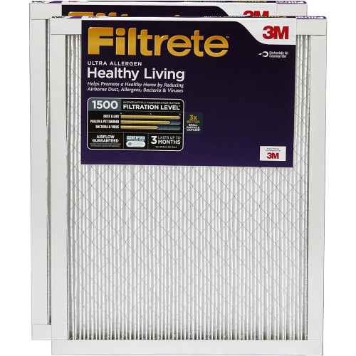 Filtrete 16x25x1 AC Furnace Air Filter, MERV 12, MPR 1500, CERTIFIED asthma & allergy friendly, 3 Month Pleated 1-Inch Electrostatic Air Cleaning Filter, 2-Pack (Actual Size 15.69 x 24.69 x 0.78 in)